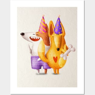 Cute couple of dogs on birthday party. Posters and Art